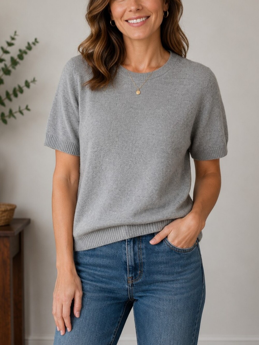 Eileen Fisher Cashmere Gray Short-Sleeve Crewneck Sweater Sz SP Quiet Luxury